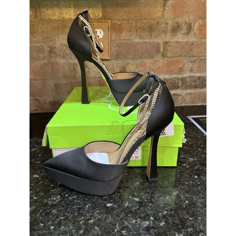 Sam Edelman Andie Pumps Black Satin Embellished Platform Heel Size 8.5